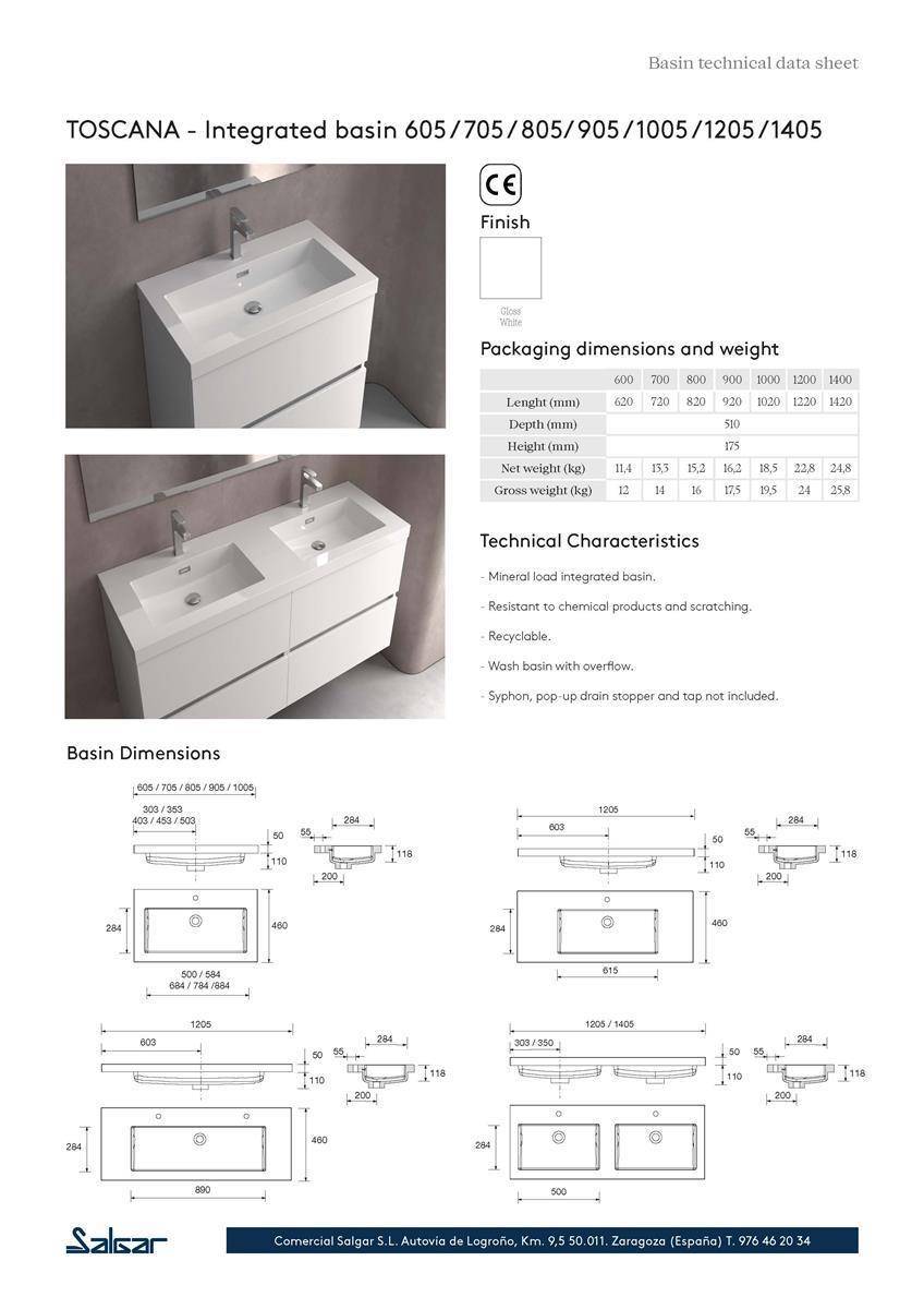 Technisches Datenblatt für TOSCANA Integralbecken-Modelle 605/705/805/905/1005/1205/1405, mit Fotos, Verpackungsabmessungen, technischen Eigenschaften und Beckendimensionszeichnungen.