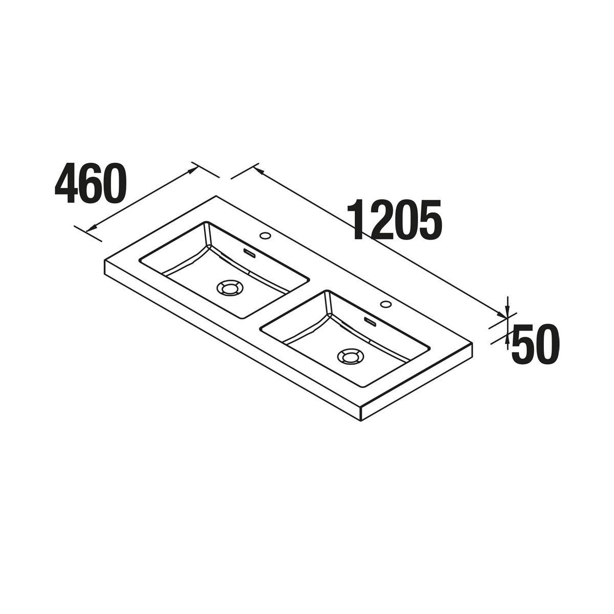 Technische Zeichnung eines doppelten rechteckigen Beckens mit Abmessungen von 1205 mm Länge, 460 mm Breite und 50 mm Tiefe.