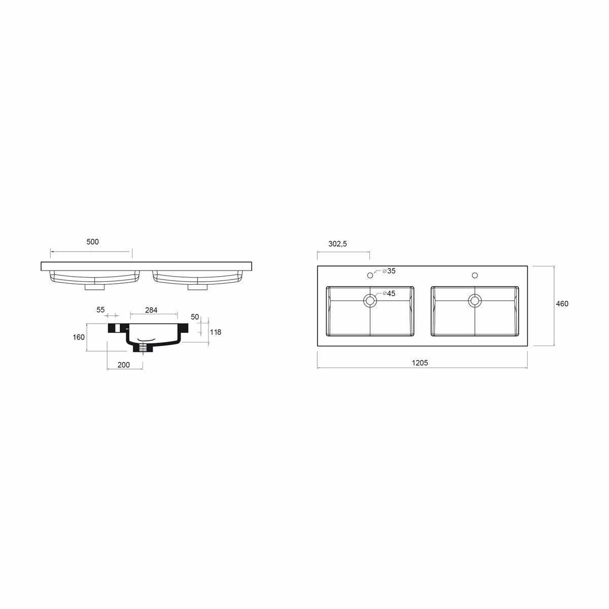 Technische Zeichnung eines Doppelbeckens Spülbeckens mit Draufsicht und Seitenansicht mit Abmessungen von 1205 x 460, Beckenausschnitten und Ablaufpositionen.