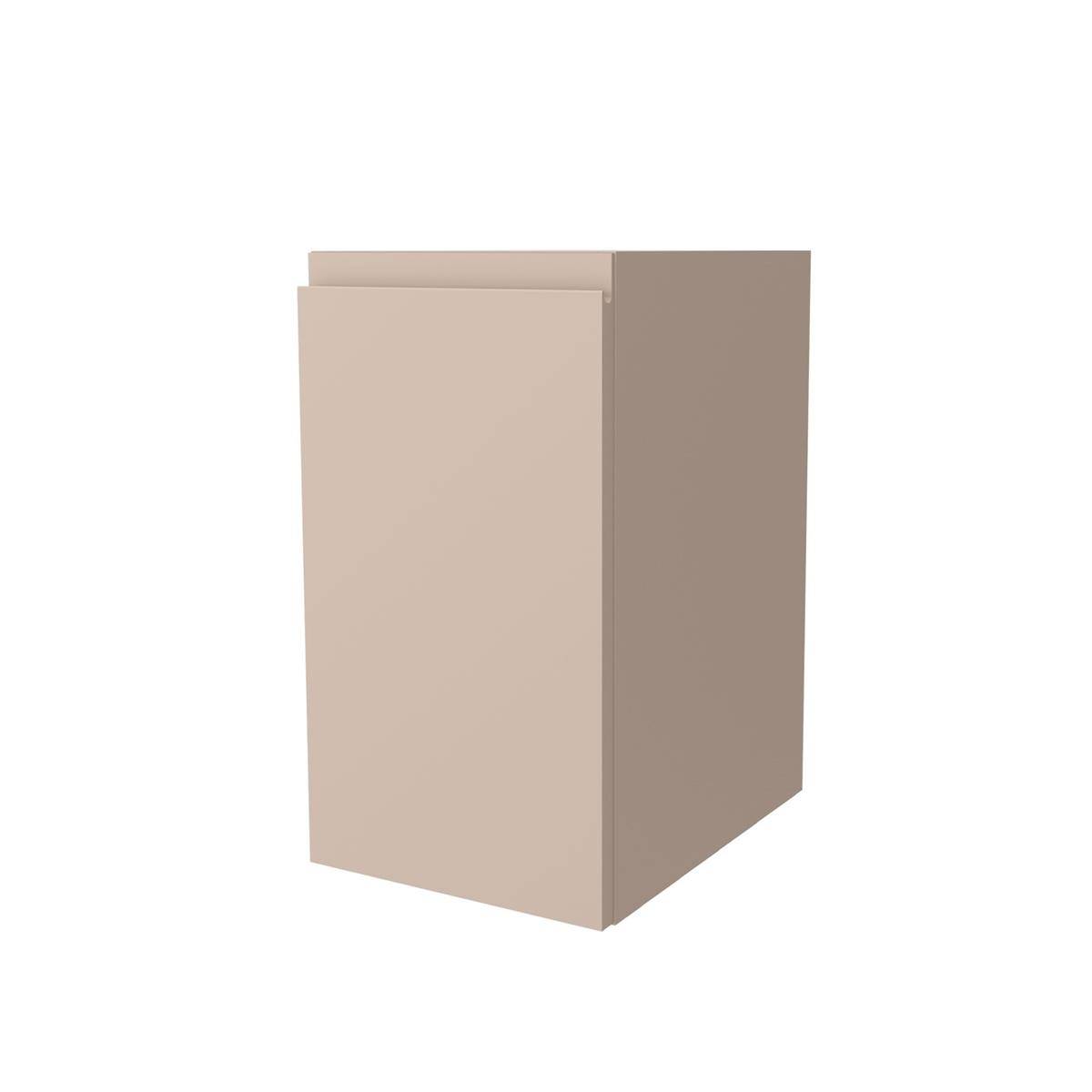 Beige Pappschachtel oder Ordner, aufrecht auf weißem Hintergrund stehend, in einfacher 3D-Ansicht dargestellt.