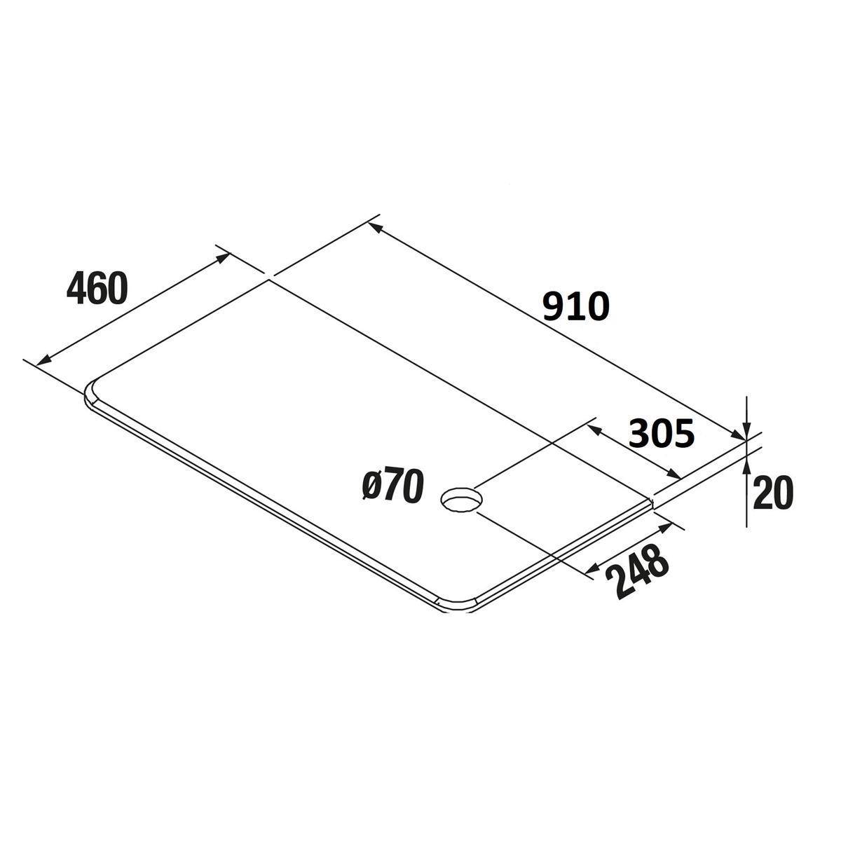 Bemaßte Zeichnung einer rechteckigen Platte: 910 x 460 mm Gesamtabmessung, 20 mm Dicke, mit einem 70 mm Durchmesser großen Loch in der Nähe eines Endes und 305 x 248 mm Einbauabmessungen.