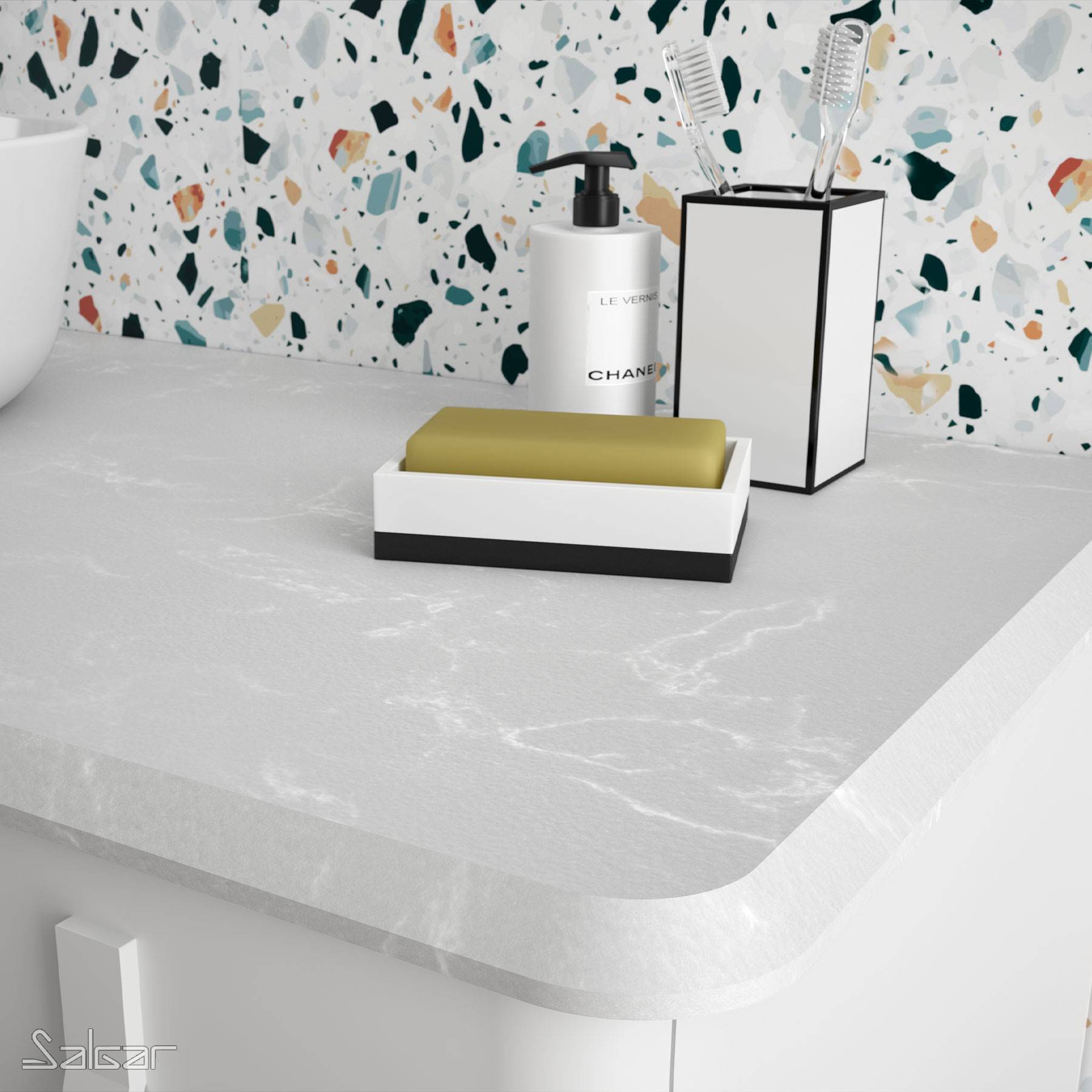 Salgar Aufsatzplatte 910 rechts aus Naturkompaktstein Calacatta Badmöbel