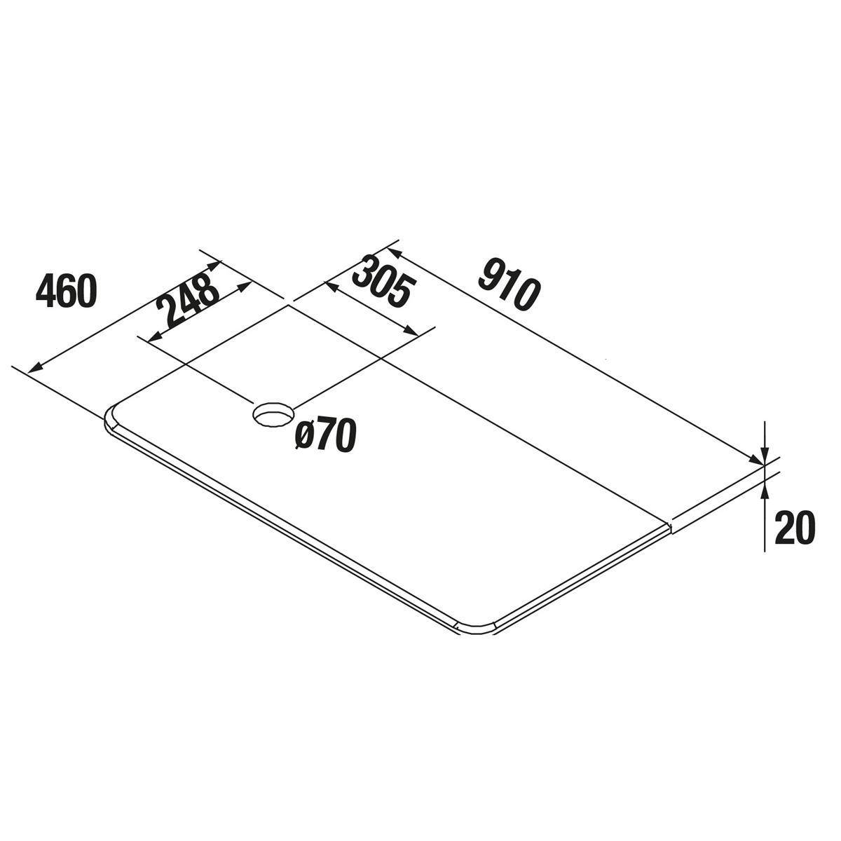 Isometrische Maßstabzeichnung einer rechteckigen Platte mit abgerundeten Ecken, 910 x 460 mm, 20 mm dick, mit einem Loch von 70 mm Durchmesser in der Nähe eines Endes und Versatzmaßen von 248 und 305 mm.