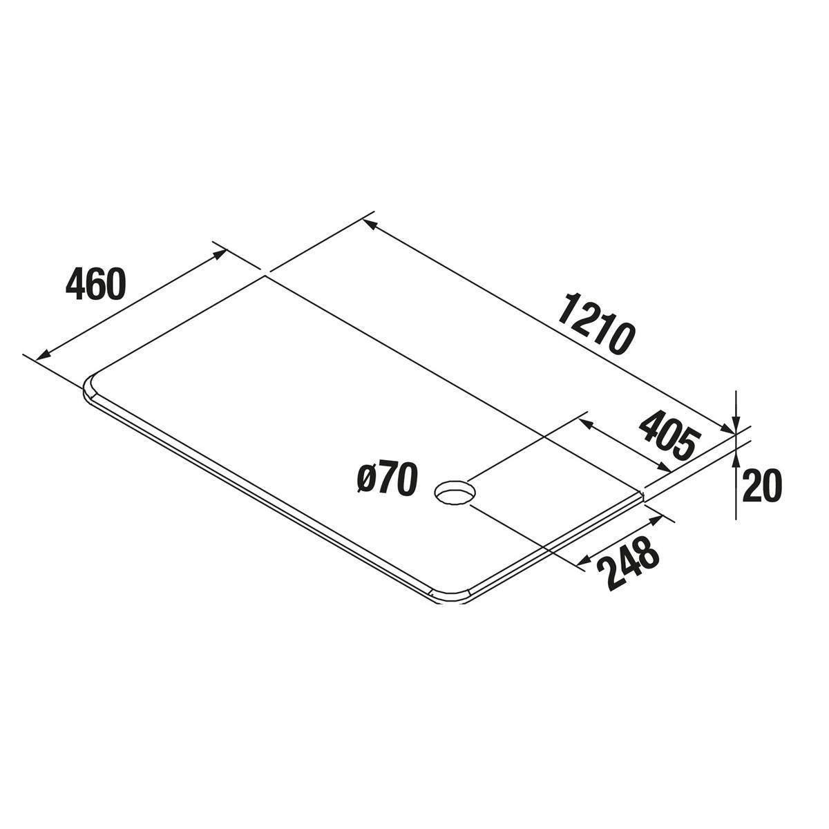 Technische Zeichnung einer rechteckigen Platte mit abgerundeten Ecken, mit den Abmessungen 1210 x 460 x 20, einem 70 mm Loch und einer Versatzgröße von 248/405.