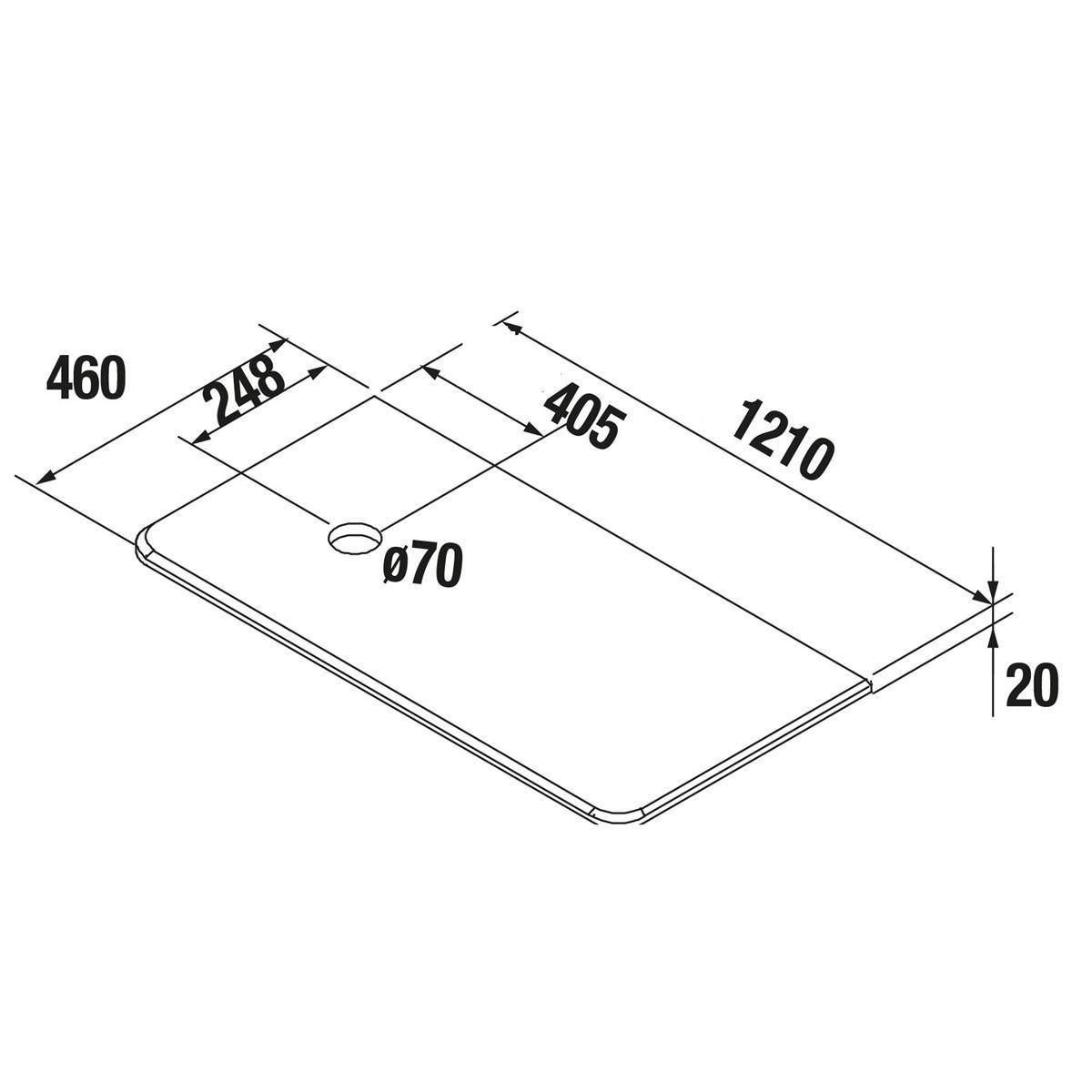 Technische Zeichnung einer rechteckigen Arbeitsplatte mit abgerundeten Ecken, mit den Abmessungen 1210 x 460, einem 70-mm-Loch und einer Dicke von 20 mm.
