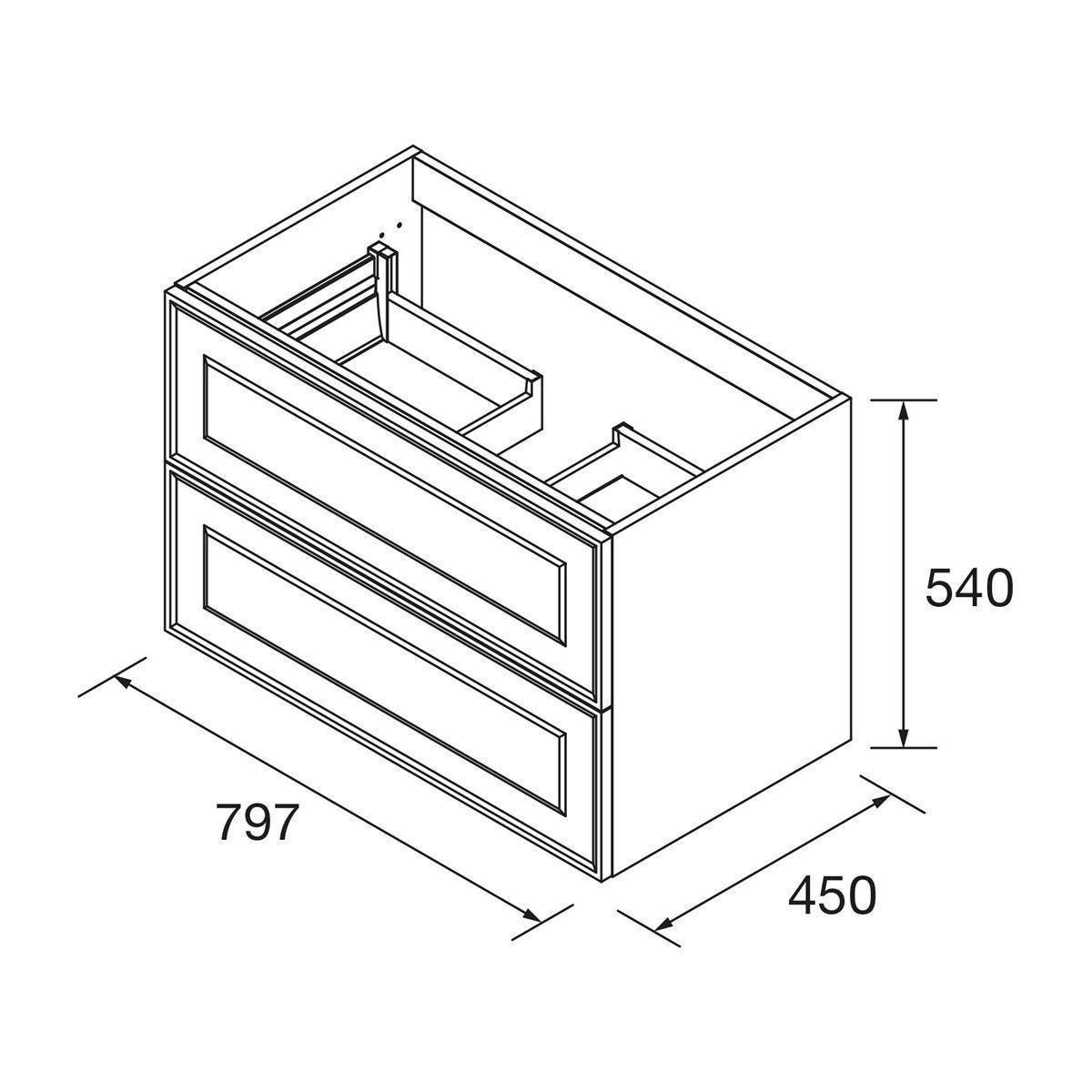 Technische Linienzeichnung einer Schrank- oder Schubladeneinheit mit den Abmessungen 797 mm Breite, 450 mm Tiefe und 540 mm Höhe.