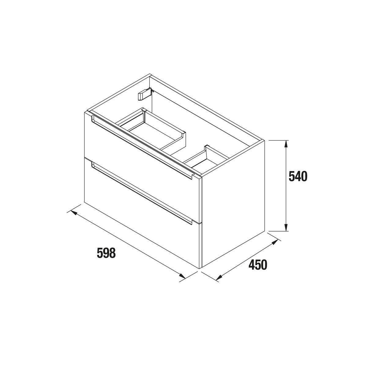 Isometrisches Dimensionsdiagramm einer Schrank- oder Schubladeneinheit mit den Maßen 598 mm Breite, 450 mm Tiefe und 540 mm Höhe.