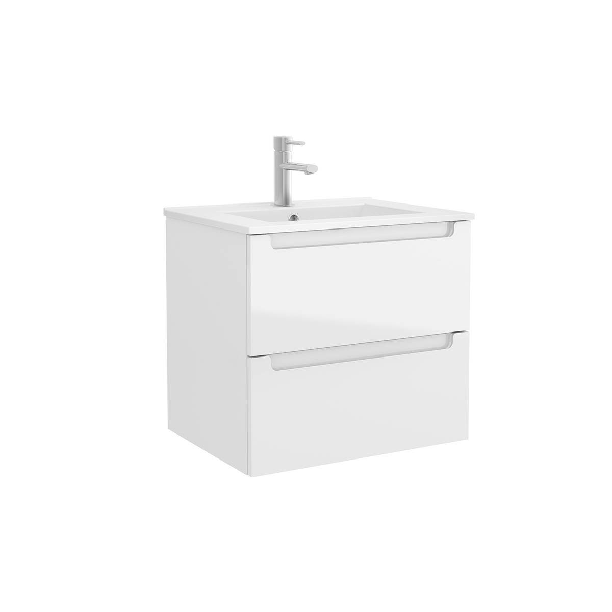 Weißes Badezimmer-Waschtischunterschrank mit integriertem Waschbecken und silbernem Wasserhahn auf einfachem weißem Hintergrund.