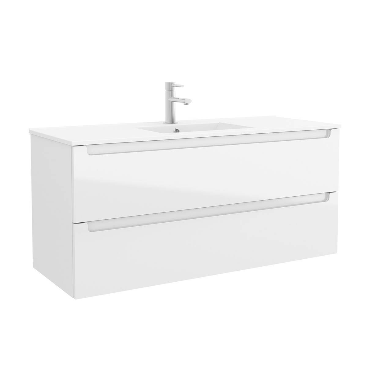 Weiße wandmontierte Badezimmerkommode mit integriertem Waschbecken, ein Becken und zwei grifflose Schubladen, auf weißem Hintergrund dargestellt.