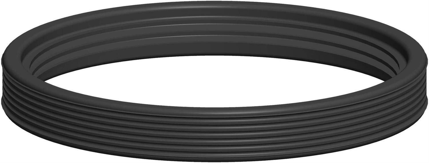 Ein schwarzer gerippter Gummigurt oder O-Ring, dargestellt als eine einzelne kreisförmige Schleife auf weißem Hintergrund.
