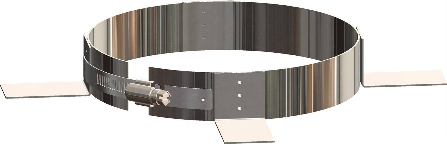 Runder Metallbandschelle mit einer zentralen Einstellschraube und flachen Montagelaschen, dargestellt auf weißem Hintergrund.