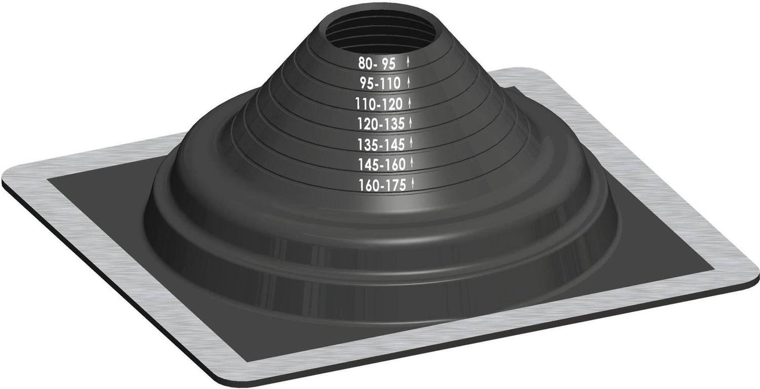 Konisches Dachblech-Anschlussset für ein Lüftungsrohr mit Größenmarkierungen von 80-95 bis 160-175 auf dem Kegel.