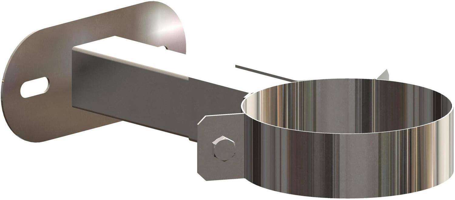 Metallwandmontageklammer mit einem horizontalen Arm, der einen kreisförmigen Klemmring stützt, dargestellt in einer produktstilisierten Darstellung.