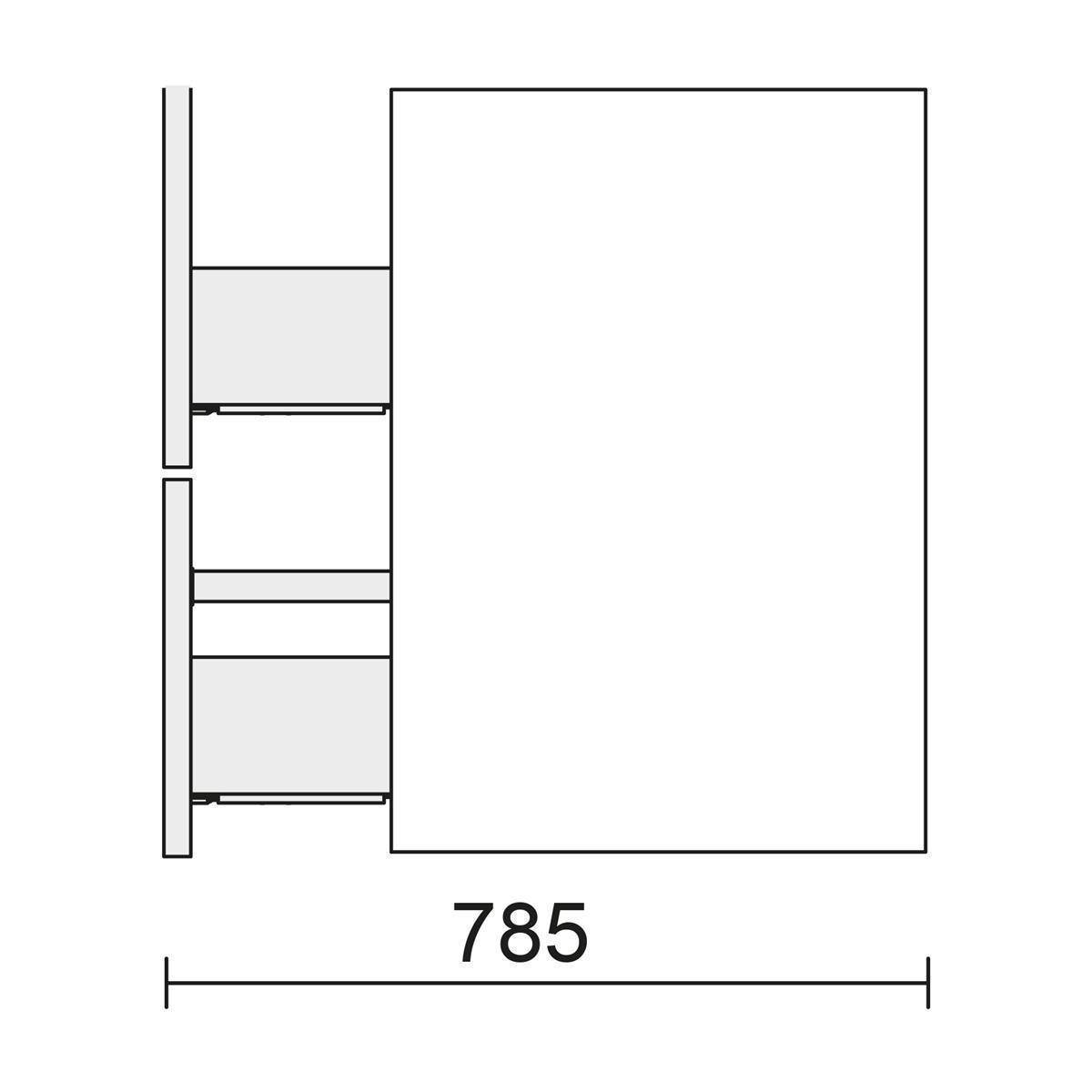 Technisches Diagramm, das ein großes Rechteck neben zwei kleineren Komponenten auf der linken Seite zeigt, mit einer Bemaßungslinie mit der Beschriftung „785