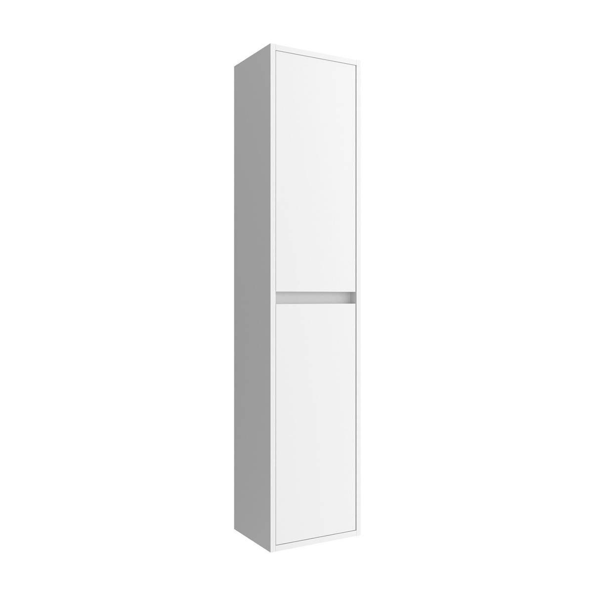 Hoher weißer Wandschrank oder Aufbewahrungsturm mit zwei Schwenktüren und einer schlanken horizontalen Trennwand, isoliert auf weißem Hintergrund dargestellt.