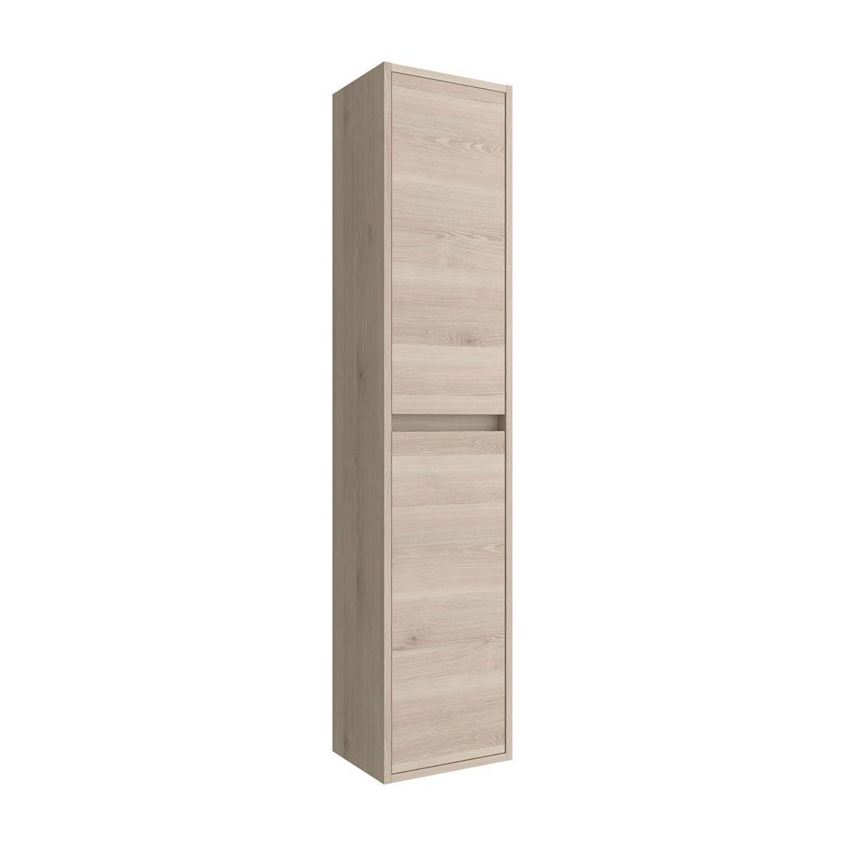 Hoher Schrank aus hellem Holz mit zwei Vordertüren und einem schlanken horizontalen Teiler, isoliert auf weißem Hintergrund dargestellt.