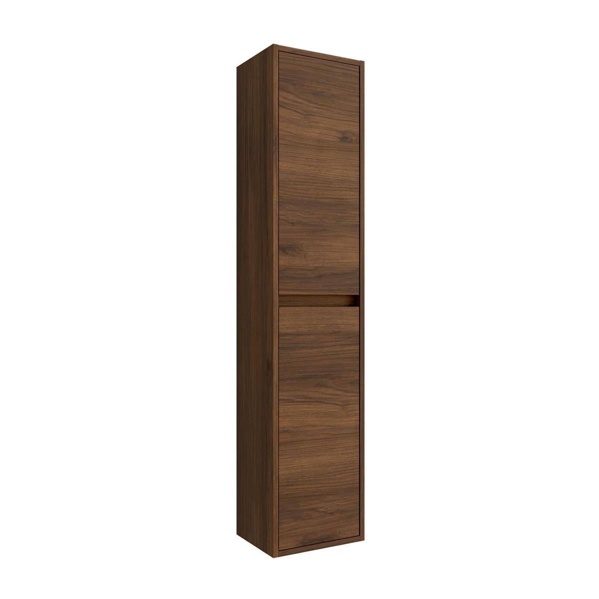 Hoher schlanker Holzwandschrank mit zwei Türen an der Front und einer kleinen horizontalen Öffnung in der Nähe der Mitte, dargestellt auf weißem Hintergrund.