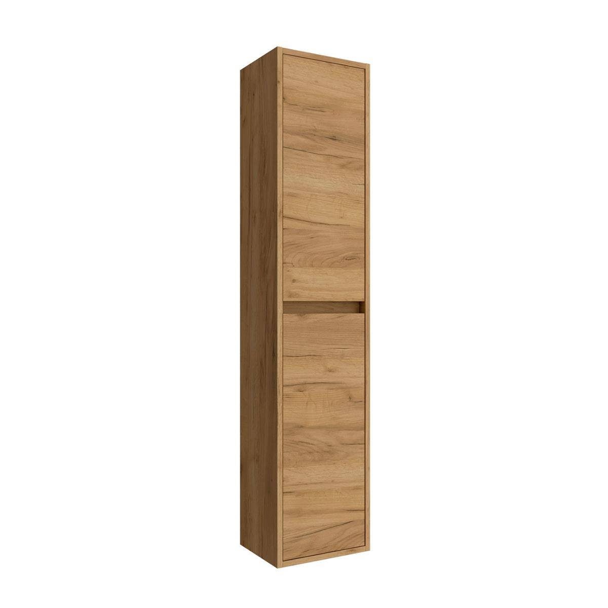 Hoher, schmaler Holzwandschrank mit zwei Frontpaneelen und einer horizontalen Trennwand, auf weißem Hintergrund dargestellt.