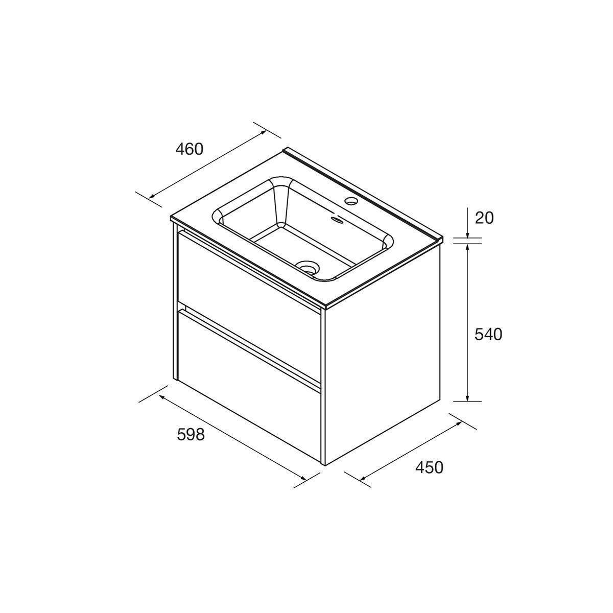 Technische Zeichnung eines Badezimmerwaschtischschranks mit integriertem Waschbecken, mit den Abmessungen 598 x 450 x 540 mm und einer Oberflächenstärke von 20 mm.