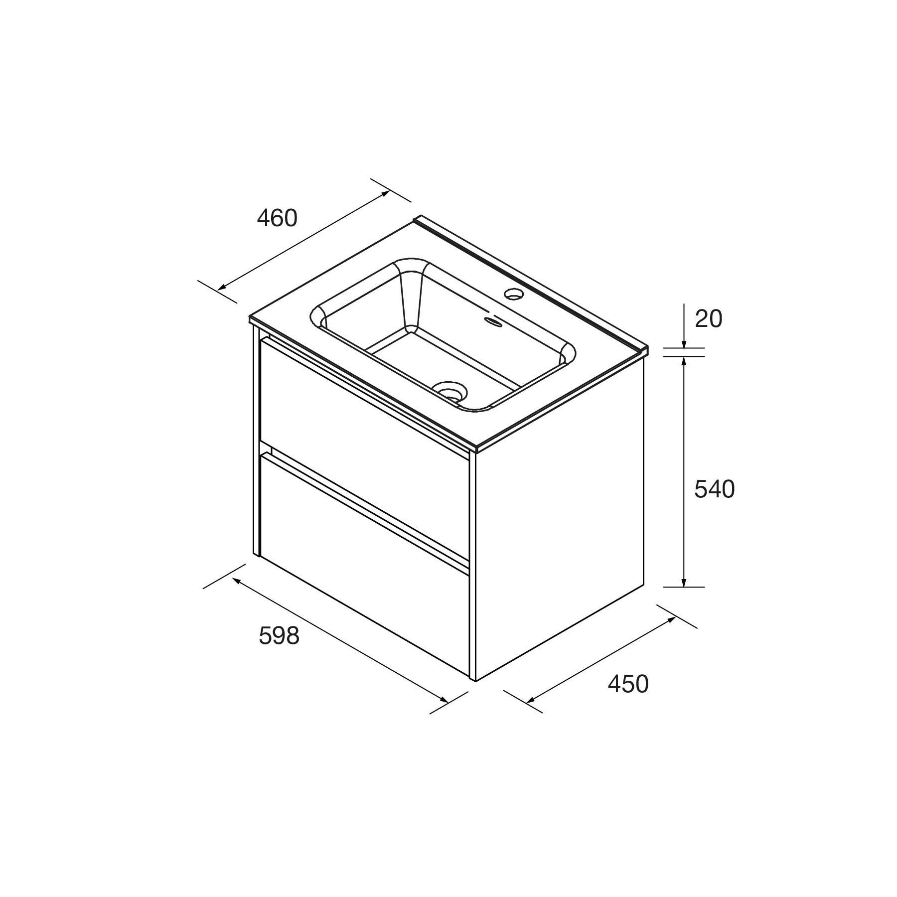 Noja Unterschrank 600 2 Schubladen + Waschbecken Nature