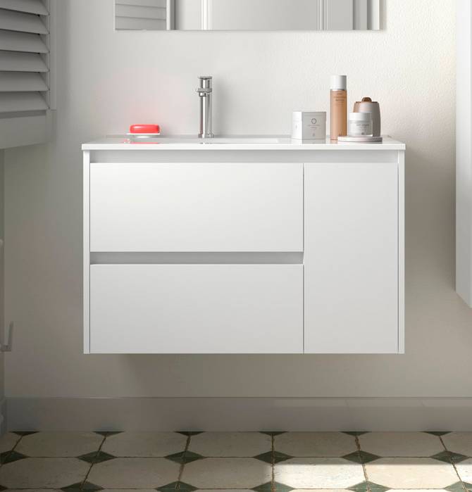 Noja Unterschrank 850 2 Schubladen 1 Tür re + Waschbecken White Gloss