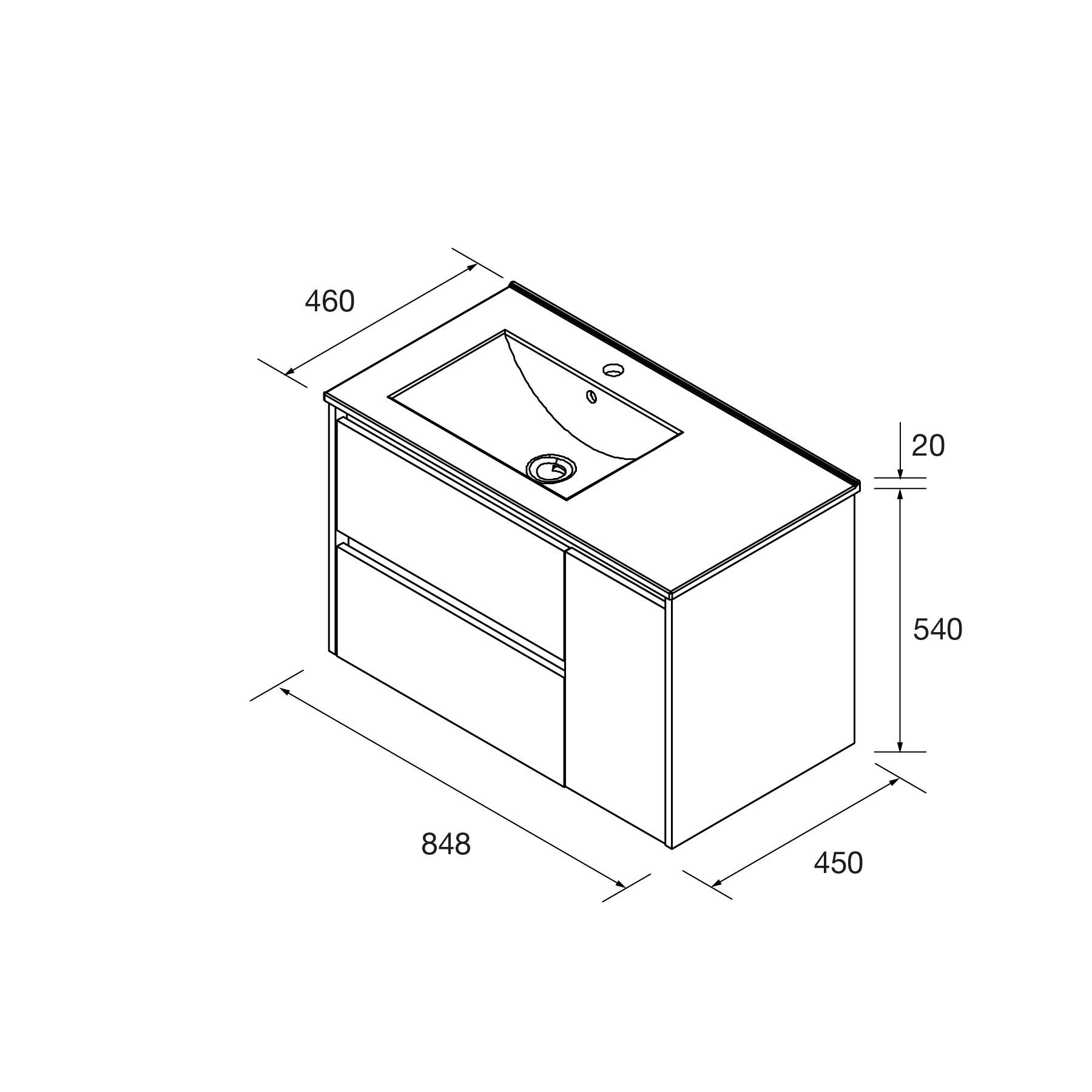 Salgar Noja Unterschrank 850 2 Schubladen 1 Tür re + Waschbecken Nussbaum