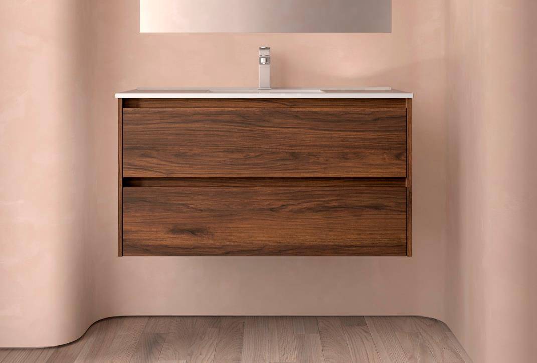 Armoire basse Noja 1000 2 tiroirs + lavabo Noyer