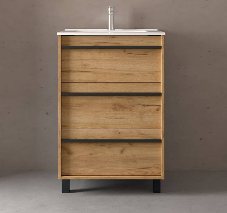 Salgar Attila Unterschrank 600 3 Schubladen + Waschbecken Eiche Afrika