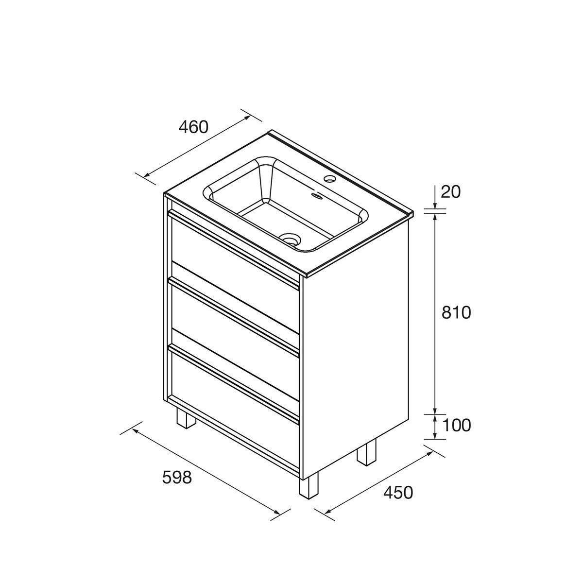 Maßstabgerechte Linienzeichnung eines Badezimmerwaschtisches mit Waschbecken, die die Gesamtgröße von 598 x 450 x 810 mm und die Arbeitsfläche von 460 mm Tiefe zeigt.