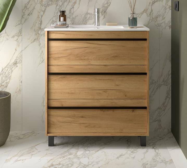 Salgar Attila Unterschrank 800 3 Schubladen + Waschbecken Eiche Afrika