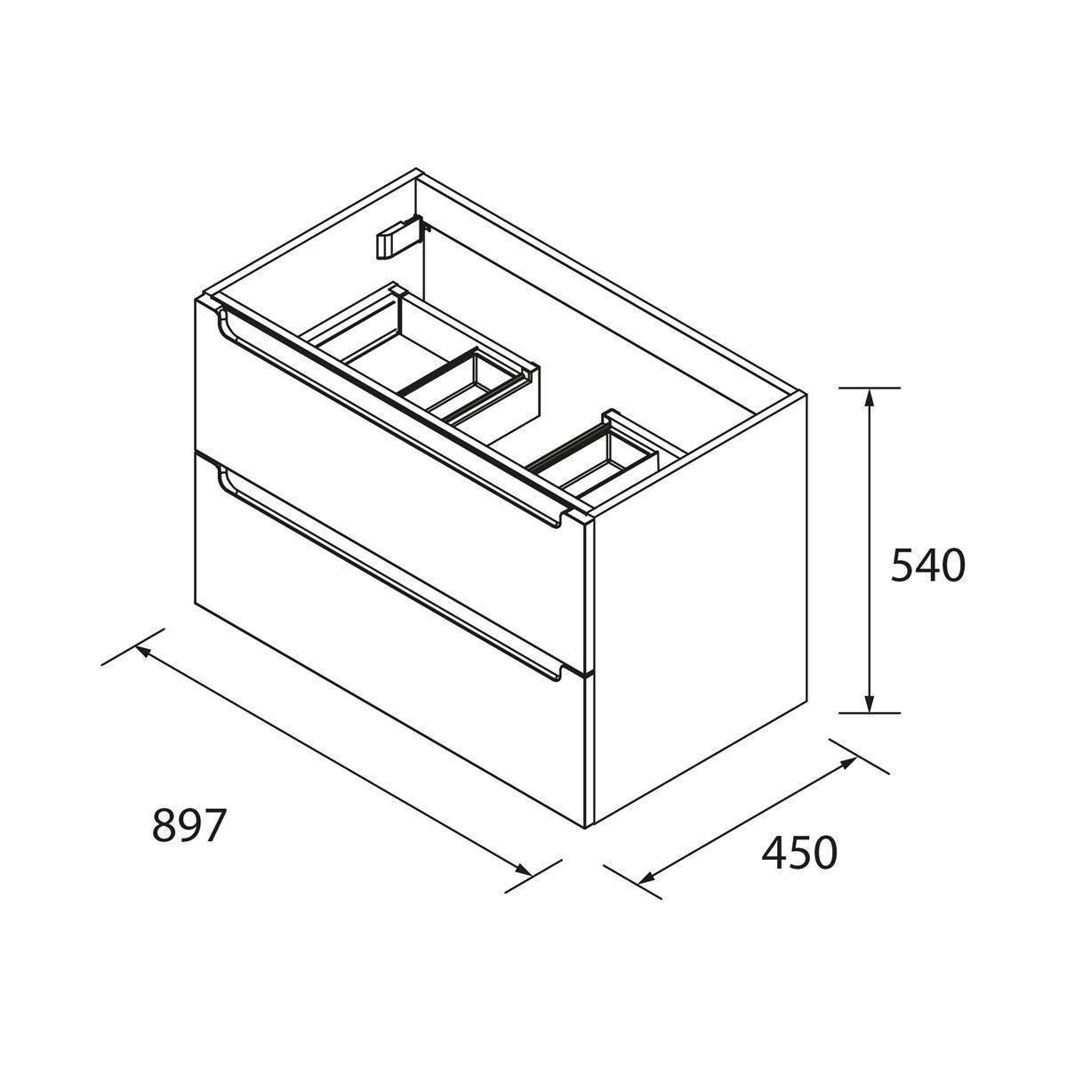 Isometrische technische Zeichnung eines Schubladenschranks mit den Abmessungen 897 breit, 450 tief und 540 hoch.
