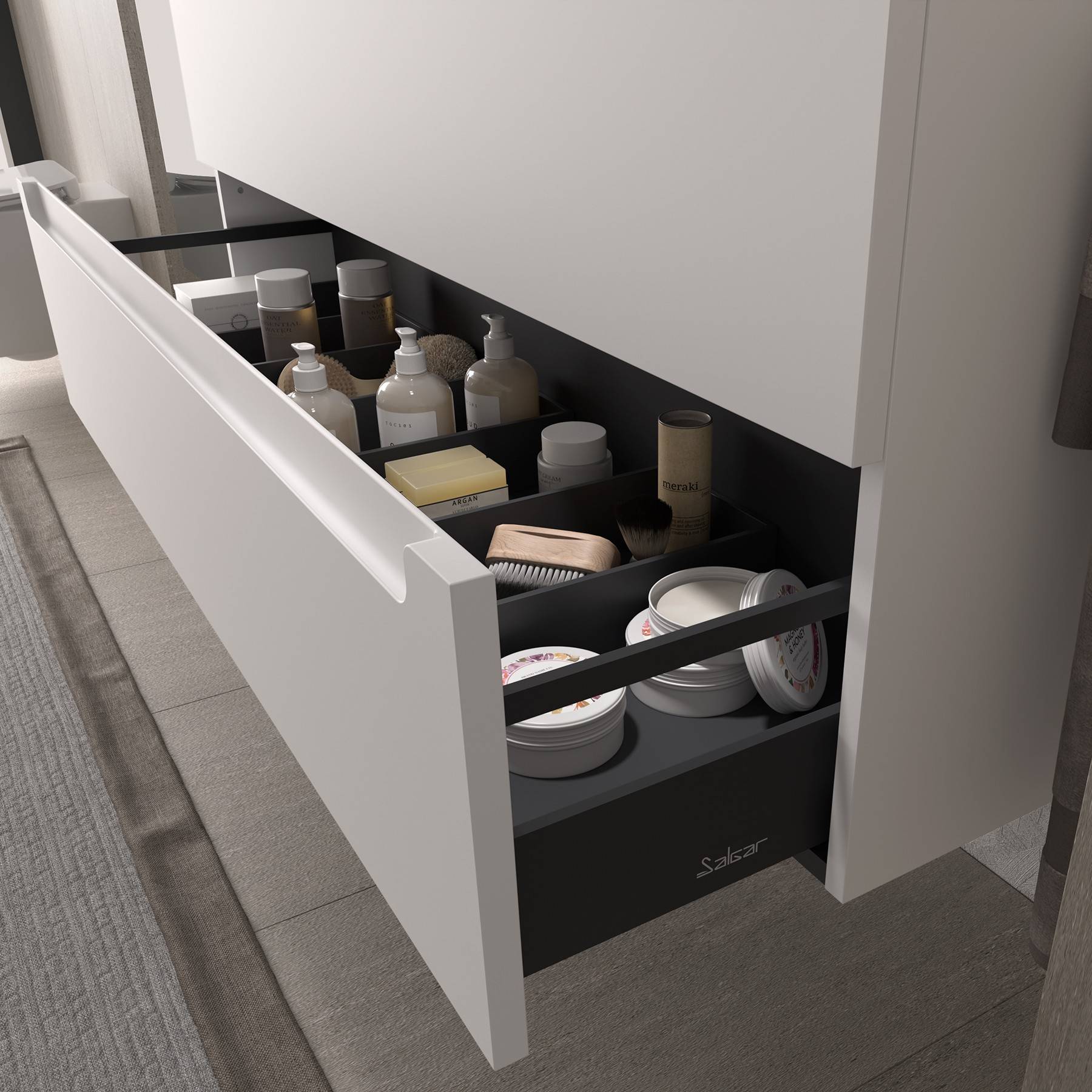 Salgar Schrank wandhängend MONTERREY 700 2 Metallauszug mit Softeinzug WHITE COTTON 697 x 540 x 450 mm