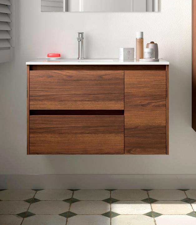 Noja Unterschrank 850 2 Schubladen 1 Tür re + Waschbecken Nussbaum