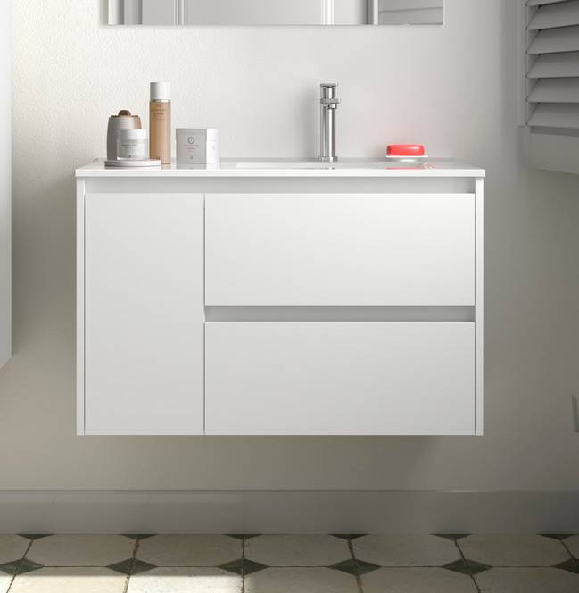 BALTIC Unterschrank 850 2 Schubladen 1 Tür li + Waschbecken White Satin