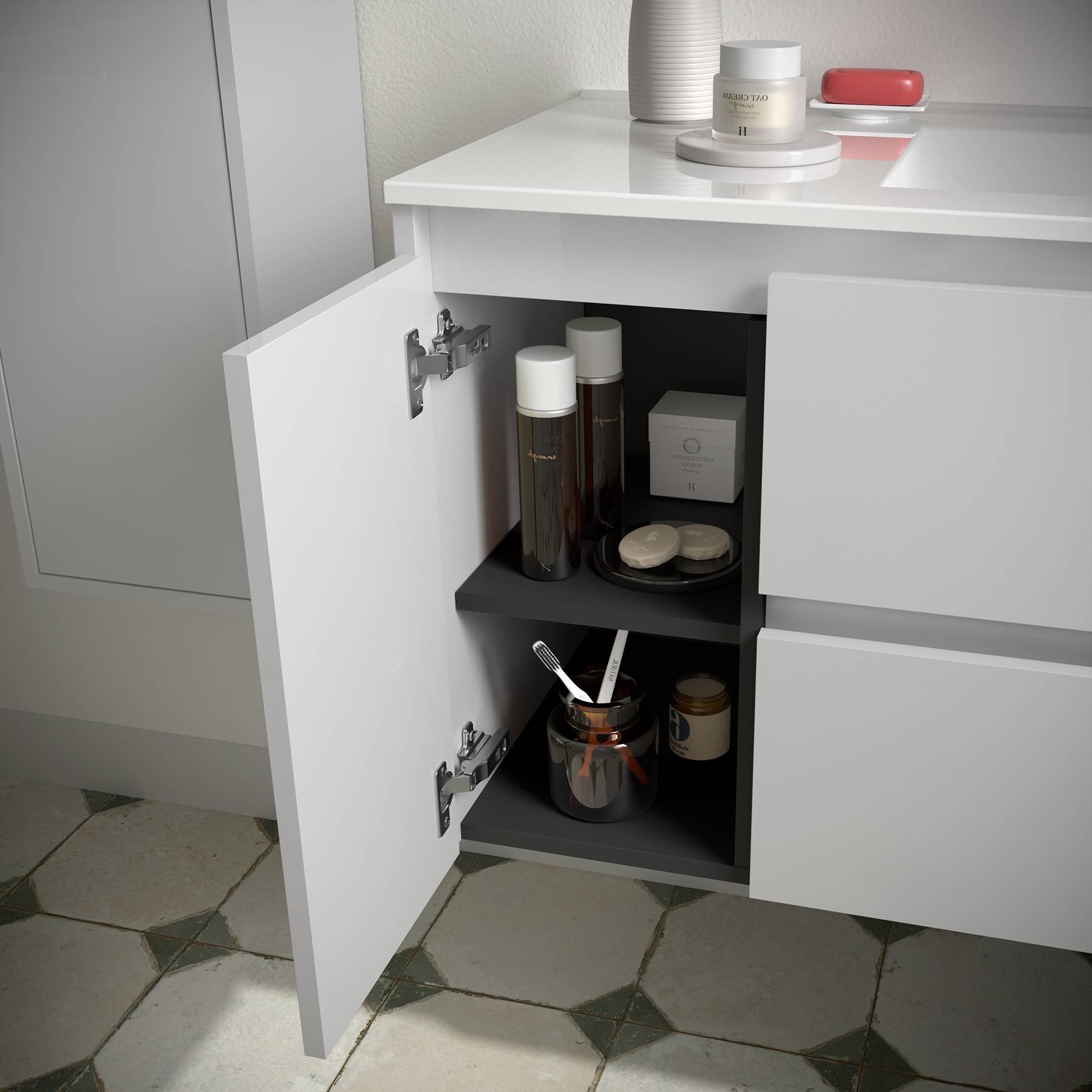 Noja Unterschrank 850 2 Schubladen 1 Tür li + Waschbecken White Gloss
