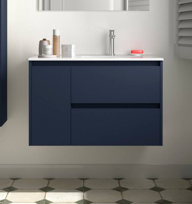 BALTIC Unterschrank 850 2 Schubladen 1 Tür li + Waschbecken Blue Satin