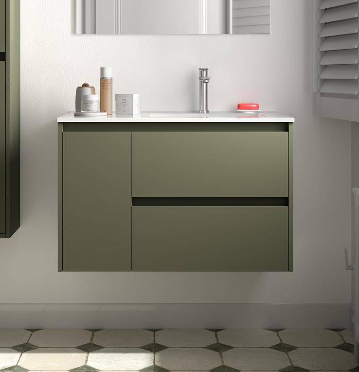 BALTIC Unterschrank 850 2 Schubladen 1 Tür li + Waschbecken Green Satin