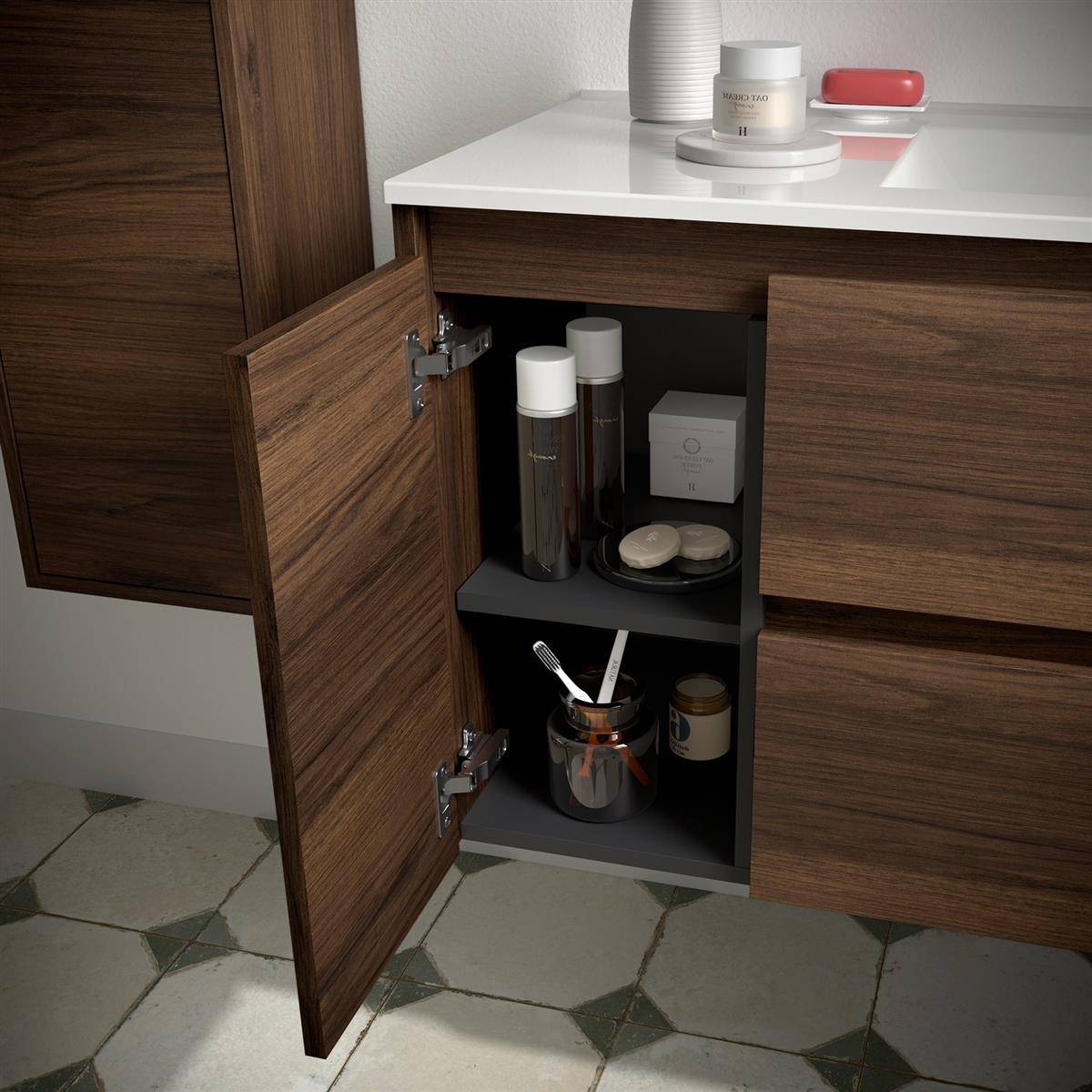 Salgar Noja Unterschrank 850 2 Schubladen 1 Tür li + Waschbecken Nussbaum