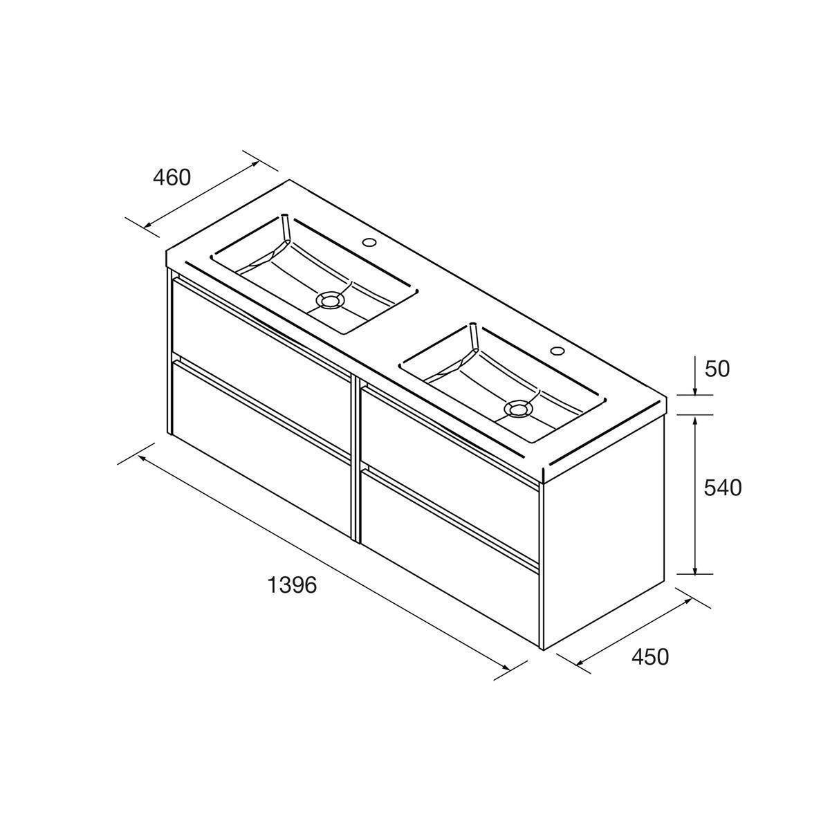 Isometrische technische Zeichnung eines doppelten Badezimmer-Waschtischkabinetts mit zwei Waschbecken, bezeichnet mit 1396 mm Breite, 450 mm Tiefe und 540 mm Höhe plus 50 mm Arbeitsplattenstärke.
