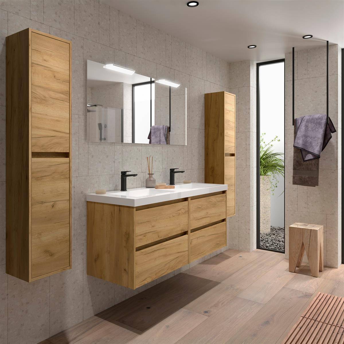 Meuble bas Noja 1400 4 tiroirs + vasque Chêne d'Afrique