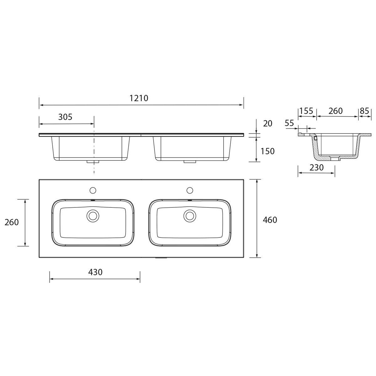 Technische Zeichnung eines doppelten Spülbeckens mit Abmessungen: Gesamtmaße 1210 x 460 mm, jedes Becken 430 x 260 mm, Tiefe 150 mm.