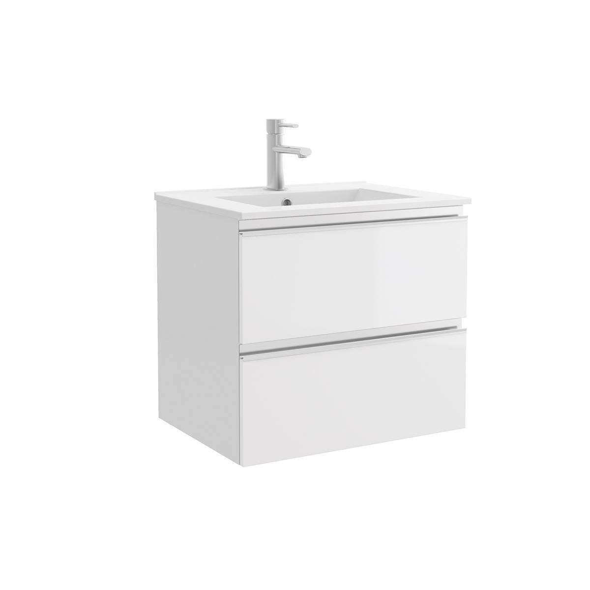 Weiße wandmontierte Badezimmerkommode mit integriertem Waschbecken und einfachem Wasserhahn, dargestellt vor einem einfachen weißen Hintergrund.