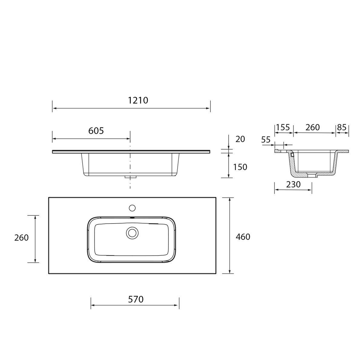 Technische Zeichnung eines rechteckigen Spülbeckens oder Beckens mit Draufsicht, Seitenansicht und Vorderansicht, mit den Abmessungen 1210 x 460 mm und Beckenabmessungen.