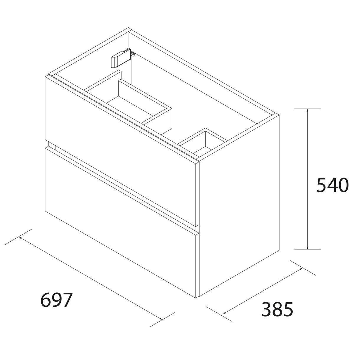 Technische Strichzeichnung einer rechteckigen Schrank- oder Schubladeneinheit mit den Abmessungen 697 x 385 x 540 und internen Fächern.