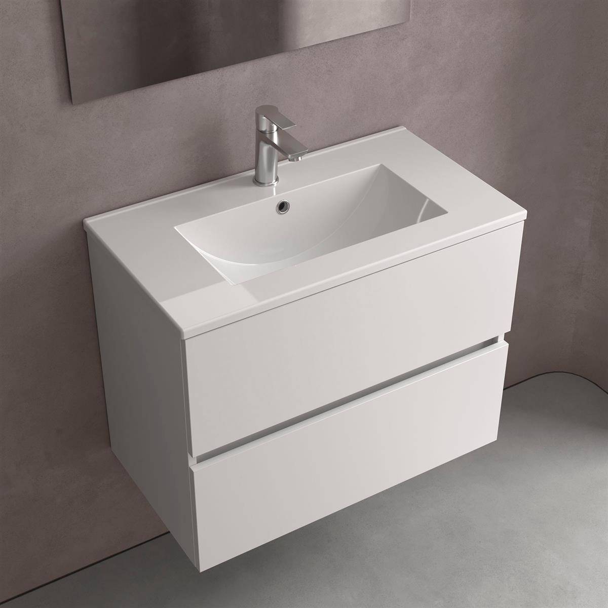 Wandmontierter weiße Badezimmerschrank mit integriertem Waschbecken und einzelnem Wasserhahn, mit zwei großen Schubladenfronten in minimalistischem modernem Design.