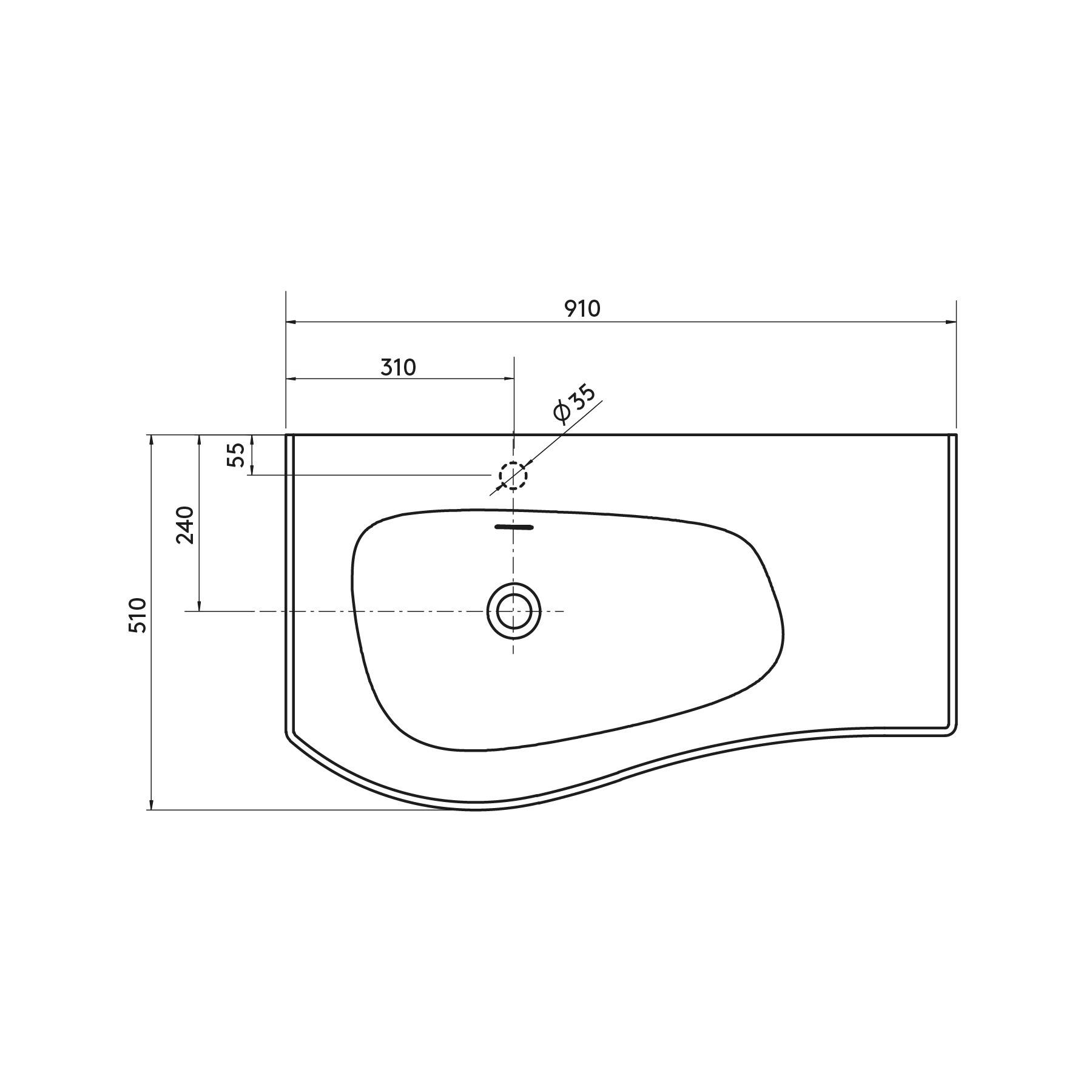 Salgar Waschtisch MAM 900 rechts solid surface ohne Siphon und Clickerabfluss 910 x 12 x 510 mm