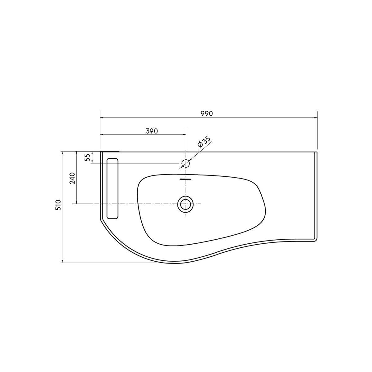 Technische Zeichnung eines Badezimmerbeckens mit Draufsicht mit den Maßen 990 x 510 mm, Becken und Abfluss zentriert, und Wasserhahnanschluss gekennzeichnet Ø35.