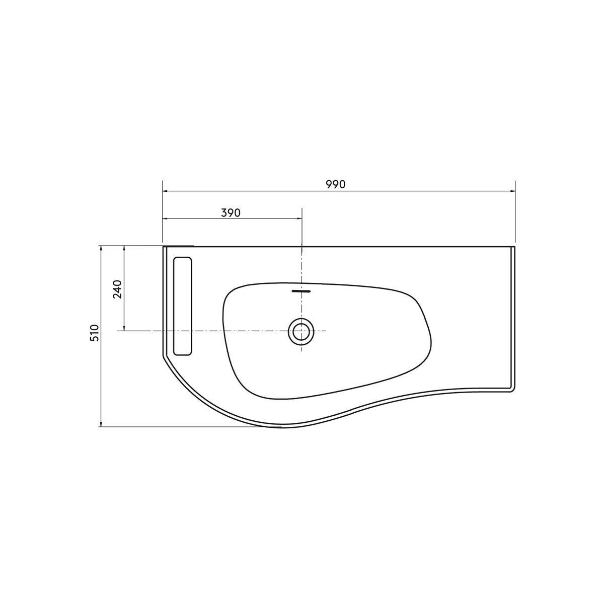 Technische Linienzeichnung eines Spülbeckens mit Ablassloch, mit Abmessungen von 990 mm Breite und 510 mm Höhe, mit Versätzen von 390 mm und 240 mm.