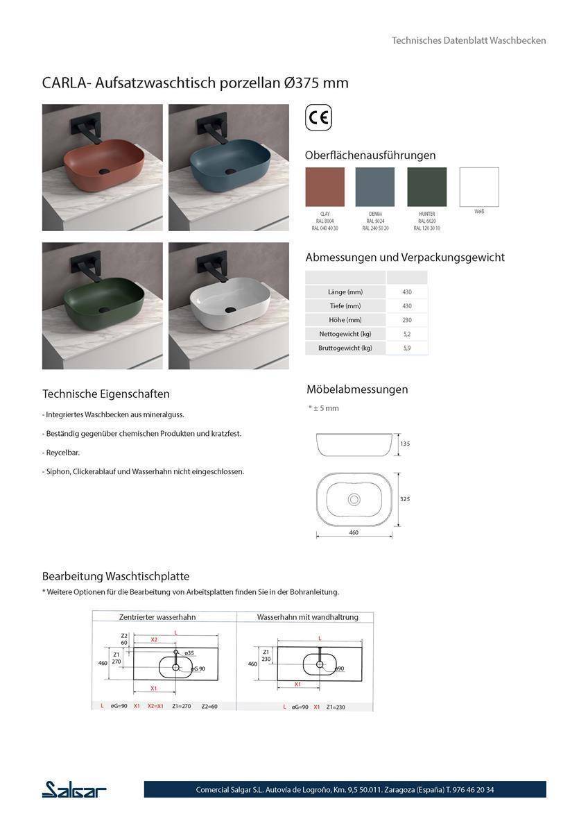 Technisches Datenblatt für CARLA Porzellan-Waschtischplatte, Ø375 mm, zeigt vier Farbausführungen, Abmessungen, technische Merkmale und Installationszeichnungen.