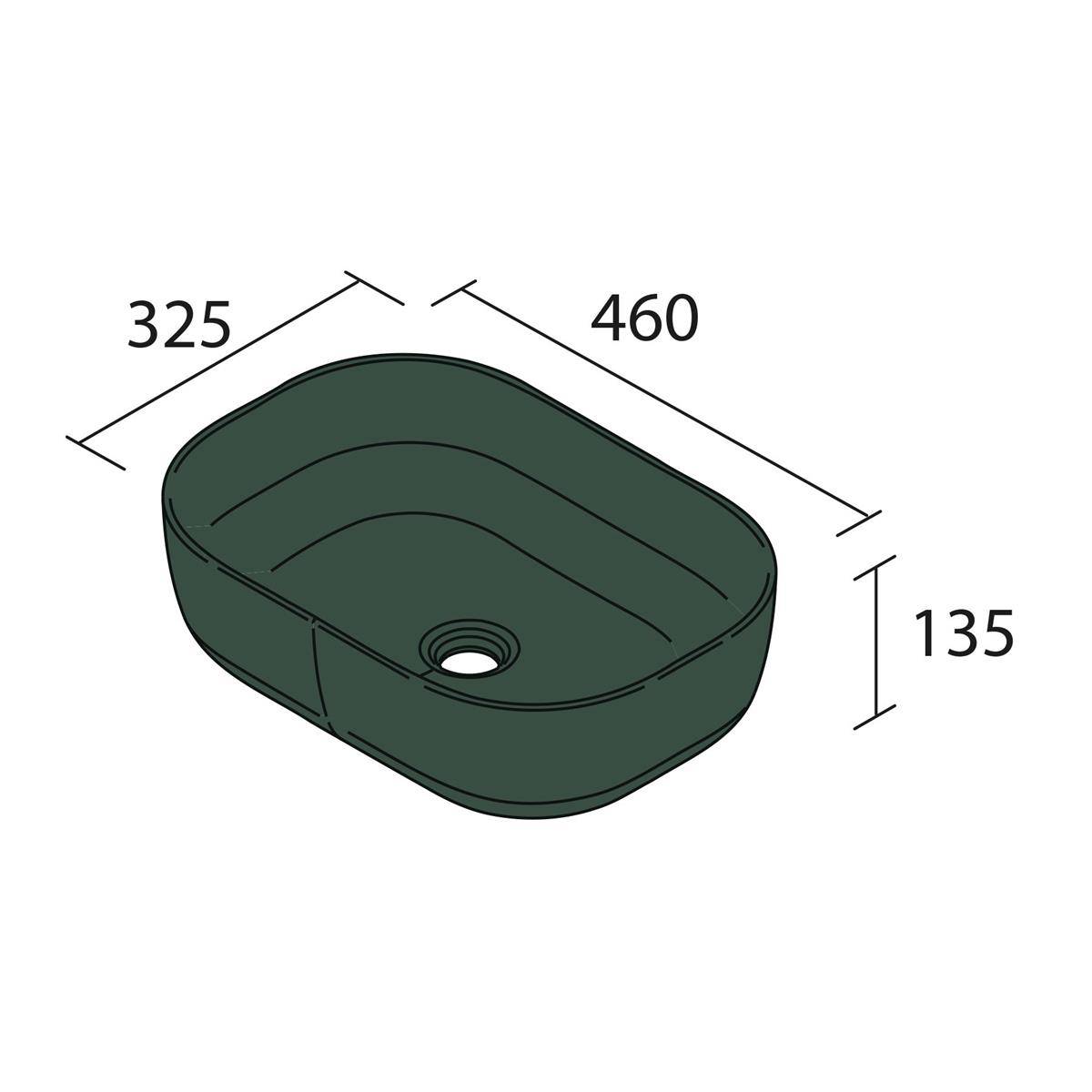 Isometrische Zeichnung eines rechteckigen grünen Waschbeckens mit einem zentralen Ablauchloch, mit beschrifteten Abmessungen 460 x 325 x 135.
